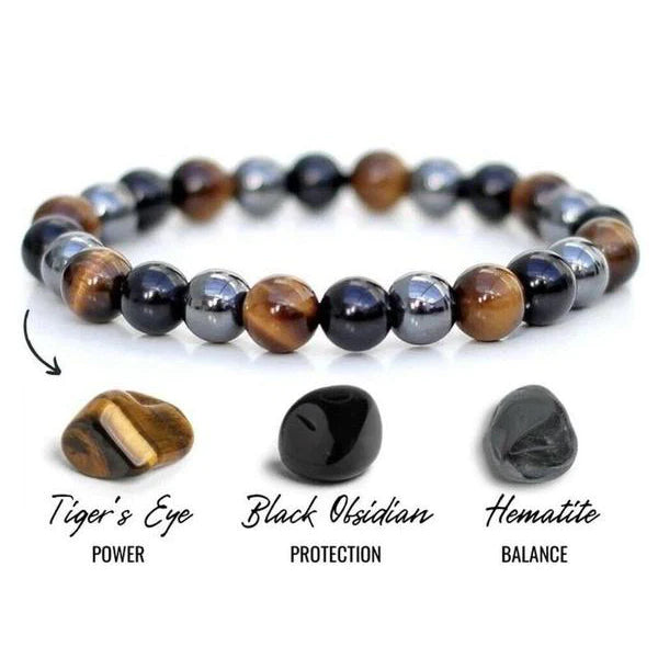 Triple Protection Bracelet Natural Stones: Hematite, Black Obsidian, Tiger Eye