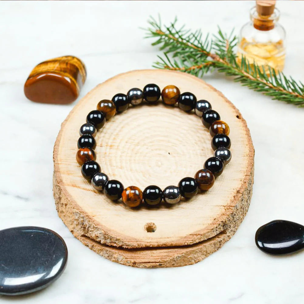 Triple Protection Bracelet Natural Stones: Hematite, Black Obsidian, Tiger Eye