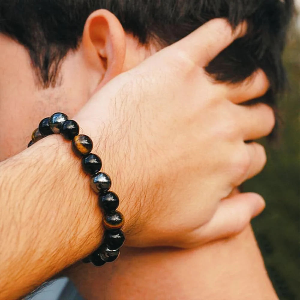 Triple Protection Bracelet Natural Stones: Hematite, Black Obsidian, Tiger Eye